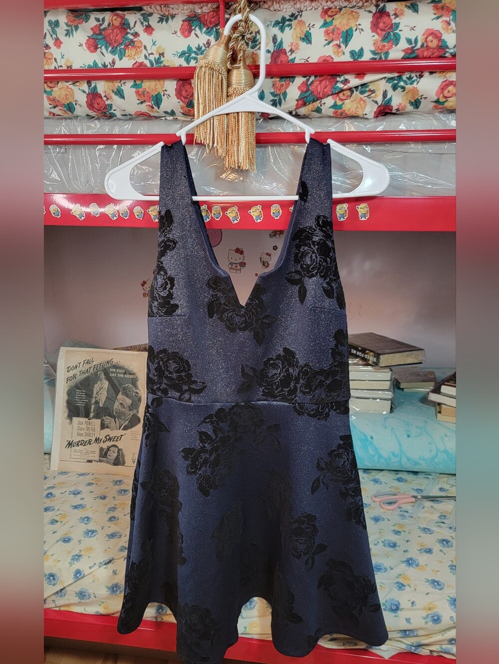 miami Navy Blue Floral Midi Dress with Black Rose Burnout Size Small
